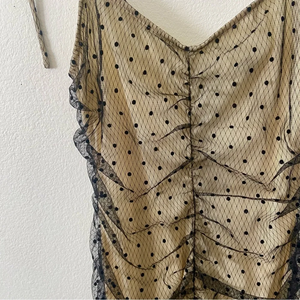 Papaya nude black Swiss dot lace overlay scrunch bodycon tie strap mini dress